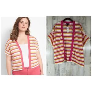 Lane Bryant Cardigan Sweater Sz 18 20 Pink Yellow White Open Knit Crochet Cotton